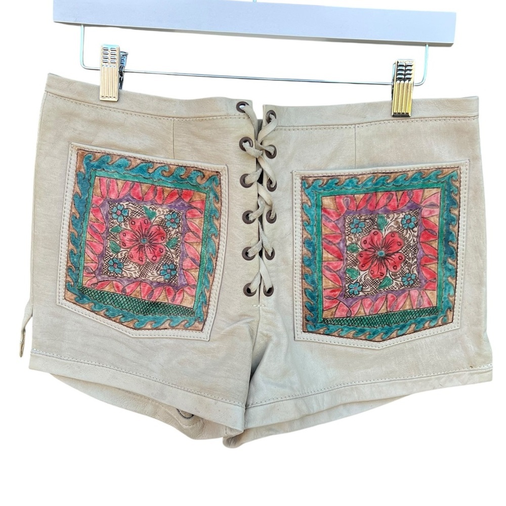 VTG 70s Char Leather Hand Painted Festival Shorts OOAK Lace-Up Boho Indie Floral
